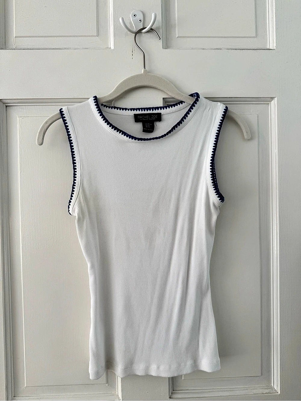 Rachel Zoe Ribbed Trim Tank Top in White & Blue Size XS Like New